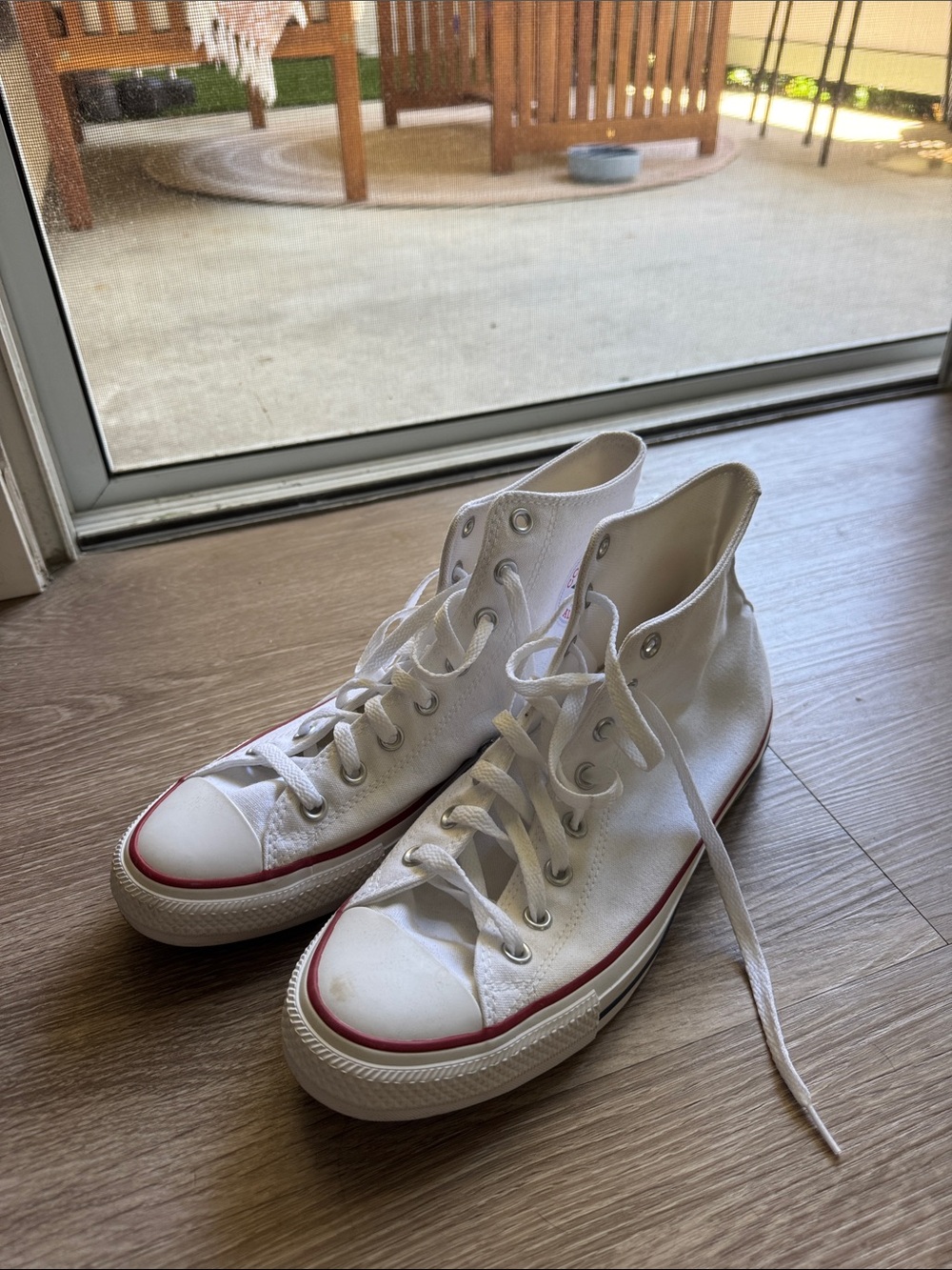 Converse White High-Top Sneakers with Red Stripe